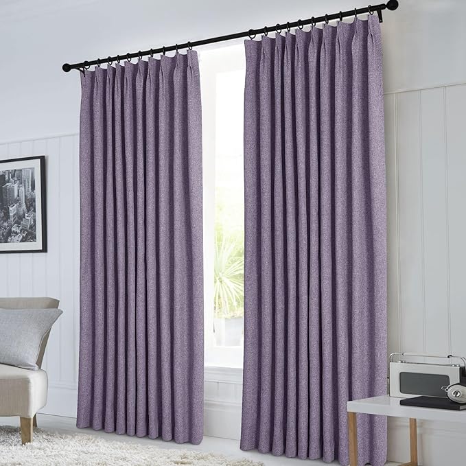 Macochico Pinch Pleated Blackout Linen Curtains 96 Inches Long 100% Light Blocking Burlap Curtains for Bedroom Living Room Thermal Window Panels with Tieback 72”Wx96”L Violet 1 Panel
