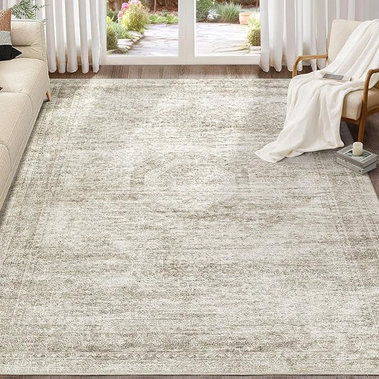 Washable Area Rugs for Living Room -9x12 Neutral Vintage Distressed Floral Farmhouse Boho Large Soft Floor Rug Indoor Non Slip Carpet for Living Room Bedroom Dining Room Office - Beige