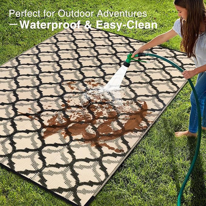 OLANLY Reversible Outdoor Rug 6x9 ft Clearance, Waterproof Outdoor Plastic Straw Rug with Interlacing Pattern, RV Mat for Patio, Camping, Balcony, Deck, Backyard, Black & Beige