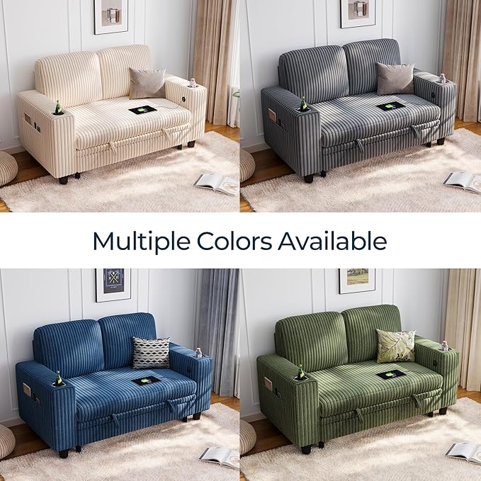 LINSY HOME Loveseat Sofa with Pull Out Couch Chaise: 2-in-1 Convertible 2 Seater Sofa with USB Charging & Cup Holders, Comfy Plush Corduroy Love Seat for Small Spaces Living Room Apartment, Green