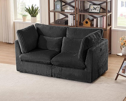 Oversized Modular Sofa, Extra Deep Cloud Corduroy Sectional Couch with Ottoman Chaise, Fluffy Corduroy 2 Seater Sofa Bed for Living Room, Villa (Loveseat Sofa, Corduroy Black)