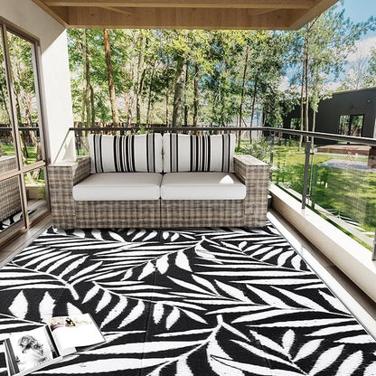 OLANLY Waterproof Outdoor Rug 5x8 ft, Reversible Outdoor Plastic Straw Rug with Leaf Pattern, RV Mat, Indoor Outdoor Carpet for Patio, Camping, Balcony, Deck, Backyard, Black & White
