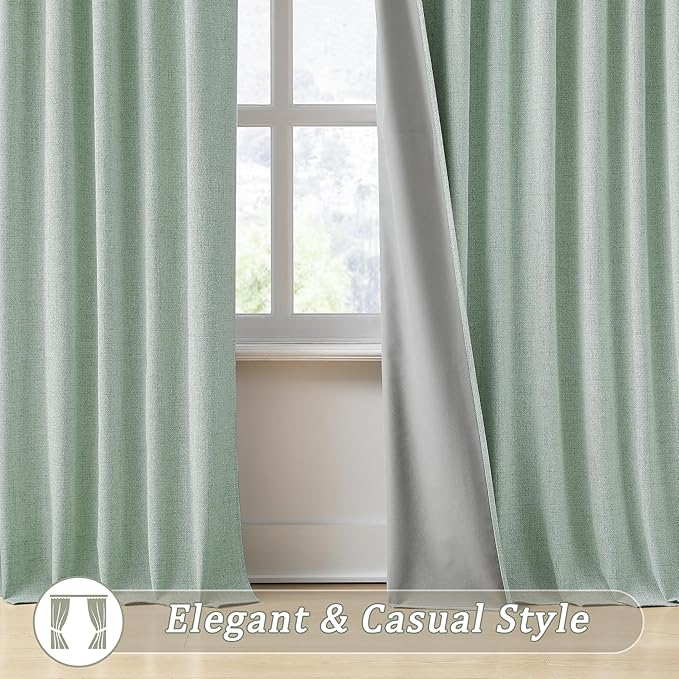 RAIN CITY Light Green Linen Blackout Curtains 108 Inch Long for Living Room,2 Panels Pinch Pleated Drape with Hooks Back Tab Boho Decor, Textured Full Black Out Curtains for Bedroom 50 x 108