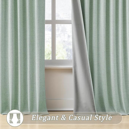 RAIN CITY Light Green Linen Blackout Curtains 96 Inch Long for Living Room,2 Panels Pinch Pleated Drape with Hooks Back Tab Boho Decor, Textured Full Black Out Curtains for Bedroom 50 x 96