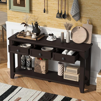 Farmhouse Modern Console Table 55.4-Inch Entryway Sofa Table with Drawers & Storage Shelf for Living Room Hallway Entrance, Dark Coffee