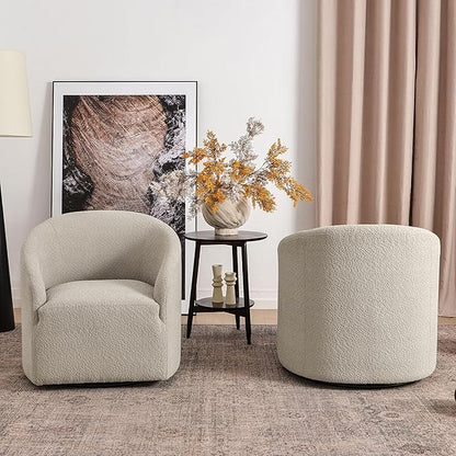 KINWELL 32" Wide Modern Boucle Swivel Barrel Chairs Set of 2, No Assembly Round Upholstered Swivel Accent Armchairs for Living Room, Bedroom (Oatmeal)