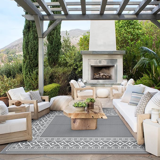 GENIMO Outdoor Rug Waterproof for Patio, 9'x12' Reversible Plastic Straw Outdoor Carpet, Camping Outside Mat for Outdoor Decor, RV, Deck, Camper, Balcony, Picnic, Grey & White