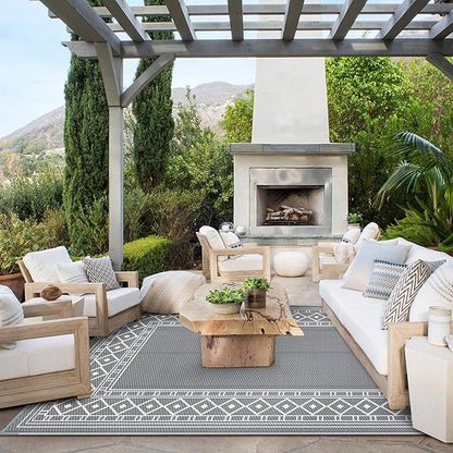 GENIMO Outdoor Rug Waterproof for Patio, 9'x12' Reversible Plastic Straw Outdoor Carpet, Camping Outside Mat for Outdoor Decor, RV, Deck, Camper, Balcony, Picnic, Grey & White