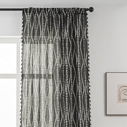 Sutuo Home Boho Curtains 96 Inches Long for Bedroom Living Room Kitchen, Stripe Floral Bohemian Tassels Country Window Treatment Drape for Halloween Decorations Rod Pocket, 1 Panel 59"W x 96"L,Black
