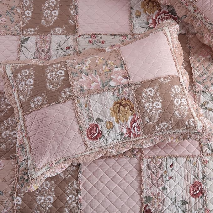 NEWLAKE Quilt Set King Size, Cotton Patchwork Pink Floral Quilt Sets, Real Stitched Embroidery Bedspread Lightweight and Breathable for All Seasons, Soft Quilted with 2 Pillow Shams