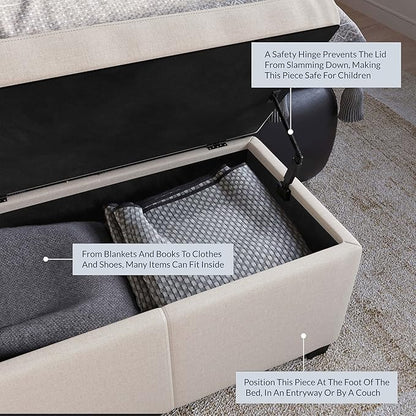 BELLEZE 47 Inch Storage Ottoman, Linen Storage Bench for Bedroom, Living Room, Entryway, Hallway, Foot Rest, Support 300lbs - Beige