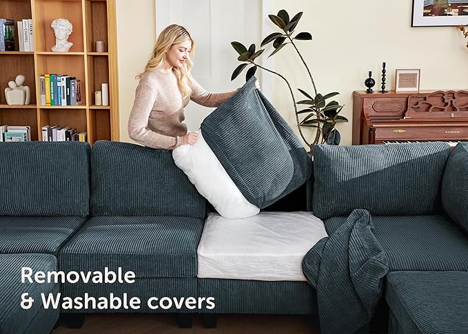 Nolany Modular Sectional Couch with Storage Ottoman, Corduroy Sectional Sofa with Chaise, U Shape Sectional Couches for Living Room, Blue