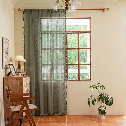 Sutuo Home Boho Curtains for Bedroom Living Room 72 inches Long, Crochet Lace Sheer Bohemian Hollow Knitted with Tassels, Privacy Vintage Farmhouse, Rod Pocket 1 Panel 59" W x 72" L,Olive Green