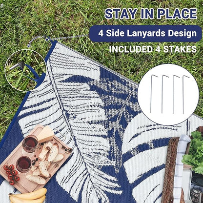 GAOMON Outdoor Plastic Straw Rug 9x18 Waterproof Patio Rug Reversible Camping Mat, Foldable Portable RV Picnic Carpet with Bag & 4 Stakes, UV Resistant Outside Carpet for Deck Balcony, Blue