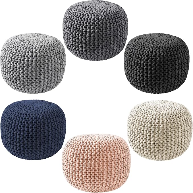 Casafield Round Pouf Ottoman, Navy Blue - 20" Diameter x 14.5" High Cotton Knit Foot Stool - Boho Floor Pouffe for Living Room, Bedroom, Home Office