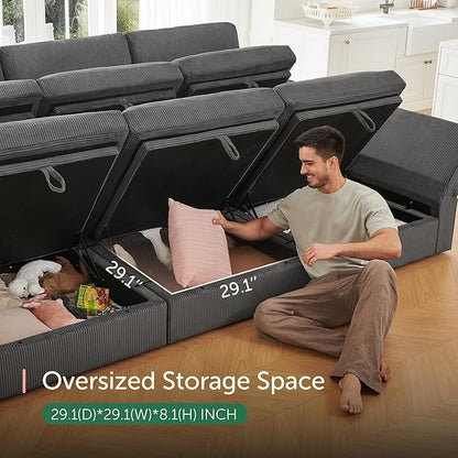 HONBAY Modular Sectional Sofa with Storage Corduroy U Shaped Sofa Modular Sectional Couches for Living Room,Dark Grey