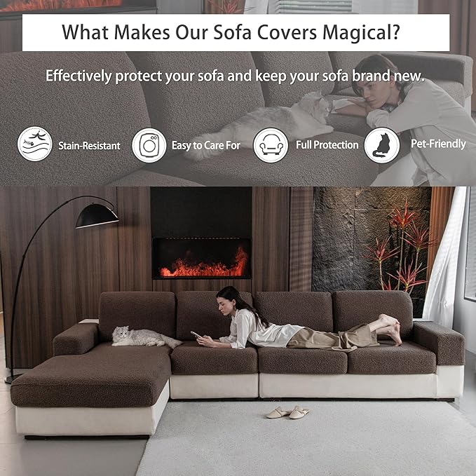 Couch Cushion Covers for Sectional Sofa, Stretch Soft Sofa Slipcovers Washable Wear-Resistant Universal Furniture Protector for Living Room(1 Piece Oversized Cover, Brown)