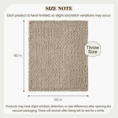 Carriediosa Chunky Knit Throw Blanket 50" X 60", 100% Hand Made Large Chenille Loop Yarn Soft Fluffy Throws for Couch Sofa Bed, Big Crochet Cozy Heavy Thick Cable Woven Blankets, Taupe