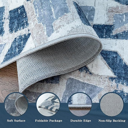 Modern Abstract Blue 6X9 Area Rug for Living Room Bedroom Washable, with Non-Slip Rubber Backing Print Faux Wool Thin, Throw Large Carpet for Kids Playroom Dining Room Pet & Child Friendly