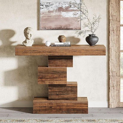 Tribesigns 42.5" Farmhouse Console Table, Narrow Wood Sofa Table Behind Couch with Geometric Base, Industrial Entryway Accent Table for Living Room, Hallway, Entrance (Rustic Brown)