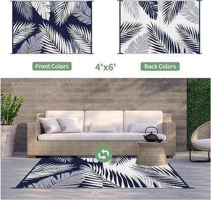 GENIMO Outdoor Rug 4' x 6' Waterproof for Patios Clearance, Reversible Outdoor Plastic Straw Camping Rug Carpet, Large Area Rugs Mats for RV, Camper, Deck, Balcony, Porch, Beach, Navy Blue&White