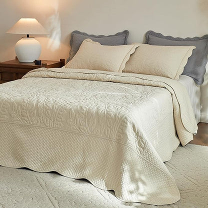 MarCielo 3-Piece 100% Cotton Oversized Bedspread Lightweight Quilt Coverlet Embroidery Farmhouse Bedding Set T0 (Yellowish Beige, Oversized Queen (100"x106"))