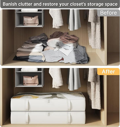 2-Pack Under Bed Storage Containers, 8 Inches Tall Underbed Clothes Storage Organizer Bin with Sturdy Sidewalls/Bottom, Under the Bed Storage Bags 2 Storage Bins, Beige