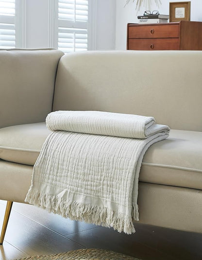 100% Cotton Muslin Throw Blanket for Bed, Couch, Small, Decorative, Soft, Pre-Washed, Breathable and Lightweight Gauze Blanket with Fringes, Suitable for All Seasons, Linen Grey, 50"x60"