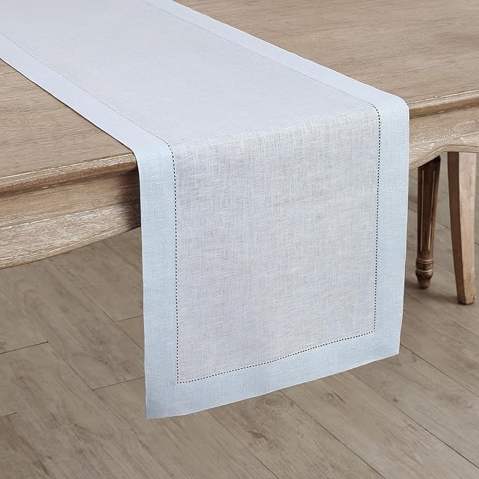 Solino Home Linen Light Blue Table Runner 48 Inches - Classic Hemstitch, 100% Pure Linen Coffee Table Runner 14 x 48 Inch Ideal for Dresser Tables