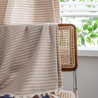 Sutuo Home Boho Curtain 84 Inches Length, Beige Stripes Print Curtain with Handmade Tassels, Rod Pocket Window Treatment Vintage Rustic Bohemian Farmhouse Drape for Bedroom 1 Panel 59" W x 84" L