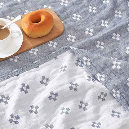 jinchan Boho 100% Cotton Blanket Muslin 50x60 Inches Lightweight 3-Layer Geometric Cross Pattern Reversible Quilt Throw Soft Breathable Comfy All Seasons for Couch Bed Decor, Blue
