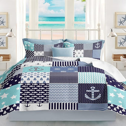 Nautical Bedding King Size Coastal Quilt with 2 Shams, Coastal Beach Comforter Sets Ocean Bedspreads Blue Seaturtle Coverlet Summer Bedding, 96''x106''