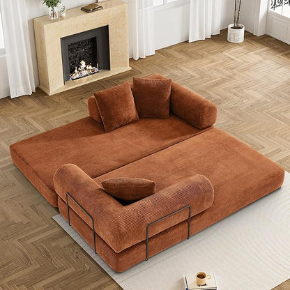 Convertible Sleeper Sofa Bed with Pillow, 4-in-1 Corduroy Folding Mattress Couch with Fixed-Shape Frame, Futon Fold Out Floor Sofa Cama Lounge Couch for Living Room Bedroom, Orange