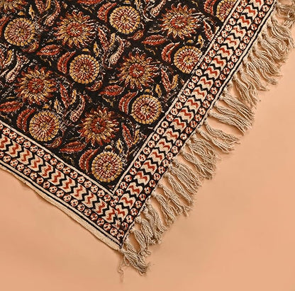 Bohemian Mud Cloth Handmade Throw with Tassels - 120x180 CM Handblock Printed Floral Cotton Blanket, Soft Handloom Sofa Throw for Living Room, Bed, Couch & Home Décor