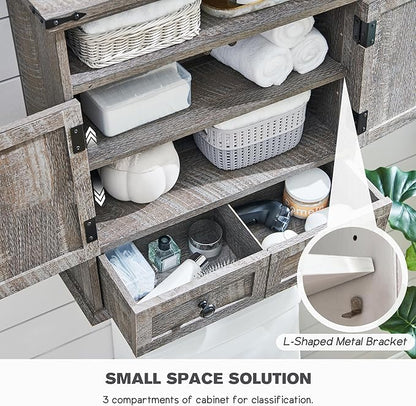 Bathroom Wall Cabinet, Farmhouse Medicine Cabinet, 24" Wide Cabinet with Drawer, Adjustable Shelf, Double Barn Doors, Storage Cabinet for Bathroom, Kitchen, Living Room, Grey Wash