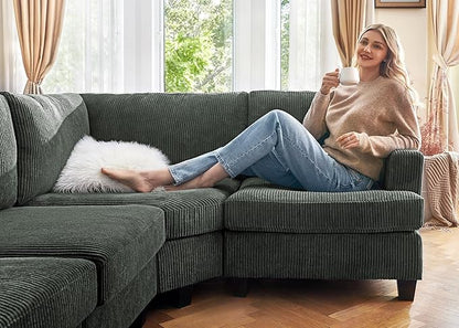 Nolany Sectional Sofa with Storage Ottoman, Corduroy Modular Sectional Couch, U Shape Sectional Couches for Living Room, Green