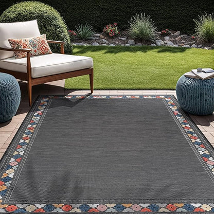 Beverly Rug Outdoor Rug 8x10 Modern Bordered Area Rugs for Indoor and Outdoor Patio Easy to Clean Non Shedding Living Room Porch Garden Washable Outside Carpet (8 x 10 Dark Gray)