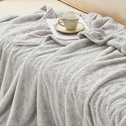 EMME Muslin and Fleece Twin Blanket Reversible - 60"*80" Grey Soft Warm Throw Blankets for Couch Bed Picnic Travel Bed