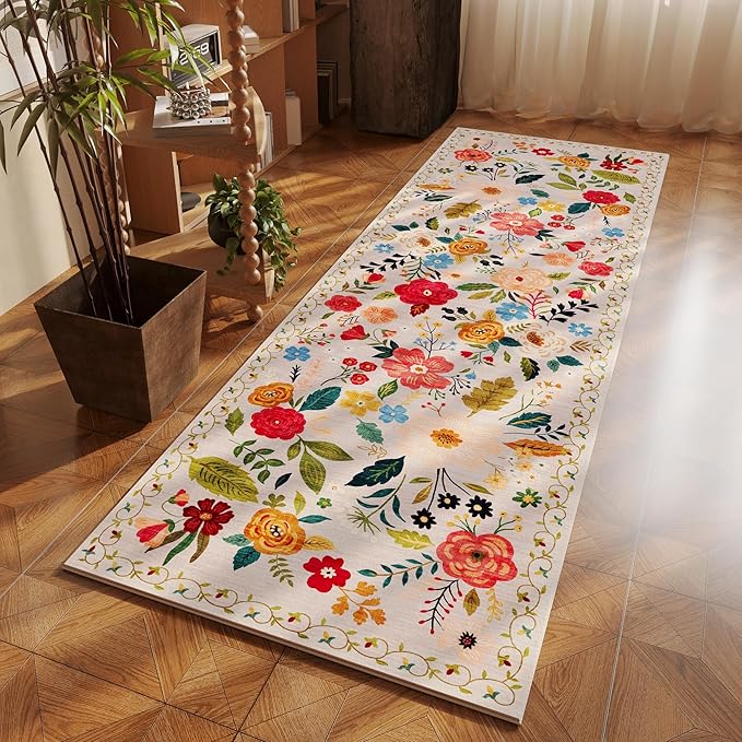 Runner Rug for Hallways Kitchen Rug Non Slip 2'6''x8' Washable Rugs with Rubber Backing Soft Floral Carpet Runner for Hallways, Kitchen, Laundry, Bedroom, Bathroom(Beige)