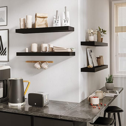 BAMEOS Floating Shelf,Wall Shelf,Decor Wall Mounted Shelves,Hanging Shelf Set L24xW6 for Bathroom Kitchen Living,Kitchen,Room Bedroom Storage,Black