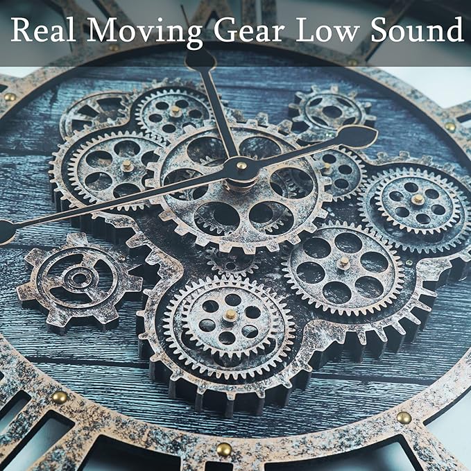 24 Inch Industrial Steampunk Wall Clock, Oversized Solid Wood Frame, Battery Operated, Large Wall Clock with Real Rotating Gears, Gray