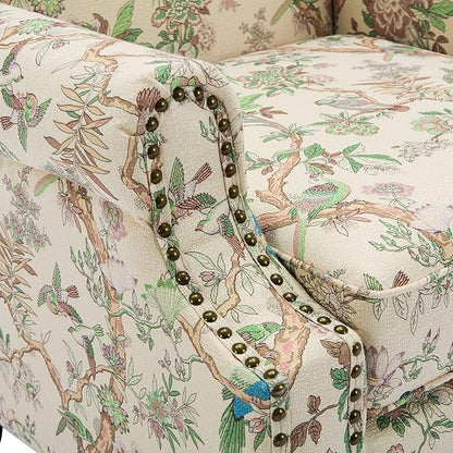 UIXE High Back Floral Accent Chair, Fabric Upholstered Armchair for Living Room, Retro Wingback Arm Chair with Solid Wood Legs, Nailhead Trim Single Sofa Bedroom Reading Seat - Bird Pattern