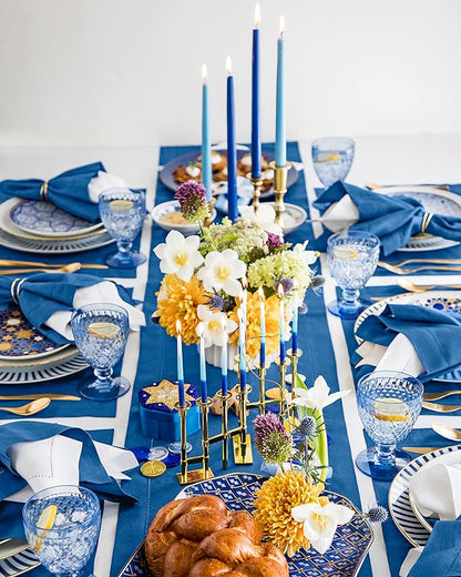 Solino Home Linen Table Runner 48 Inches - 100% Pure Linen Indigo Blue Hemstitch Table Runner 14 x 48 Inch Ideal for Dresser and Coffee Tables - Fall, Autumn - Classic Hemstitch
