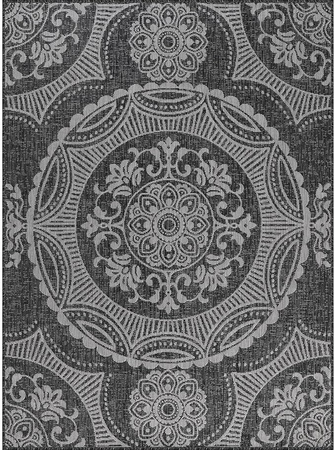 Medallion Outdoor Rug 5x7 Washable Outside Carpet for Indoor Patio Porch Waterproof Easy Cleaning Non Shedding Area Rugs Dark Gray 5 x 7