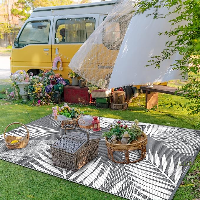 GENIMO Outdoor Rug 5' x 8' Waterproof for Patios Clearance, Reversible Plastic Straw Camping Carpet, Large Area Rugs Mats for RV, Picnic, Backyard, Deck, Balcony, Porch, Beach, Grey&White