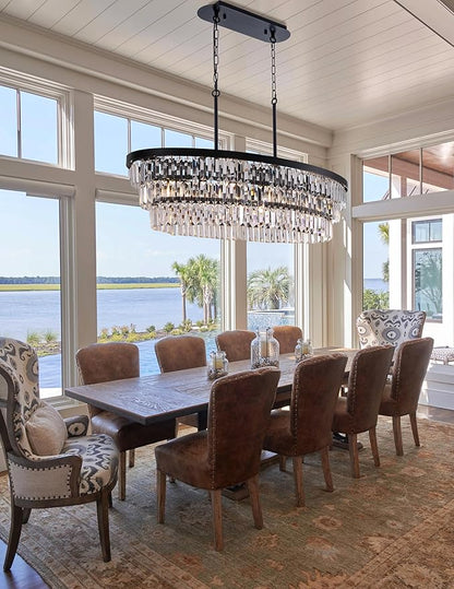 TOCHIC Chandelier 40 inch, Farmhouse Black Crystal Chandelier, Kitchen Island Lighting, Dining Room Light Fixture for High Ceiling, Modern Linear Oval Chandeliers for Living Room, Office Area, Bar