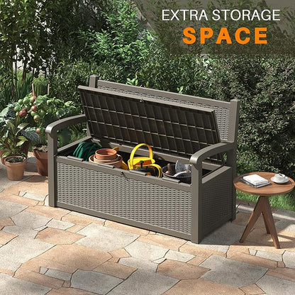70 Gallon Outdoor Storage Box, Resin Patio Furniture with Armrest, Lockable Deck Box with Waterproof and UV Resistant for Patio Cushions, Garden Tools and Pool Supplies, Grey