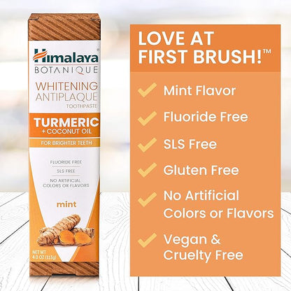 Himalaya Botanique Turmeric & Coconut Oil Whitening Antiplaque Herbal Toothpaste, Whitens Teeth, Fluoride Free, No Artificial Flavors, SLS Free, Vegan, Cruelty Free, Foaming, Mint Flavor, 4 Oz, 2 Pack