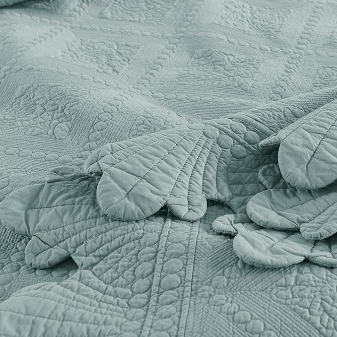 MarCielo 3-Piece 100% Cotton Oversized Bedspread Lightweight Quilt Coverlet Embroidery Farmhouse Bedding Set (Tk Aqua Green, Oversized Queen (100"x106"))