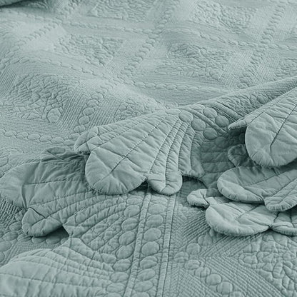 MarCielo 3-Piece 100% Cotton Oversized Bedspread Lightweight Quilt Coverlet Embroidery Farmhouse Bedding Set (Tk Aqua Green, Oversized King (118"x106"))